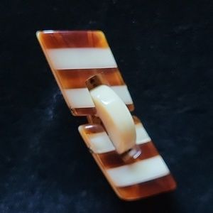 VINTAGE Miriam Haskell Tortoise Shell & Off white Striped Lucite Bar Brooch